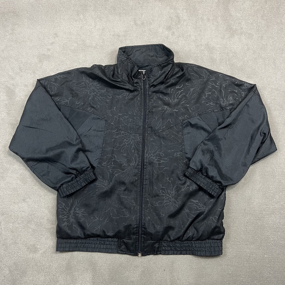 Lavon Vintage Windbreaker Jacket Womens Large Black Floral Jacquard Full Zip L